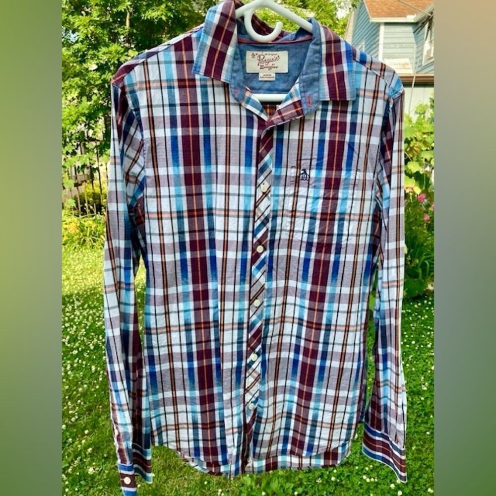 The Original Penguin Men’s Heritage Slim Fit Blue Maroon Plaid Button Down Sz M
